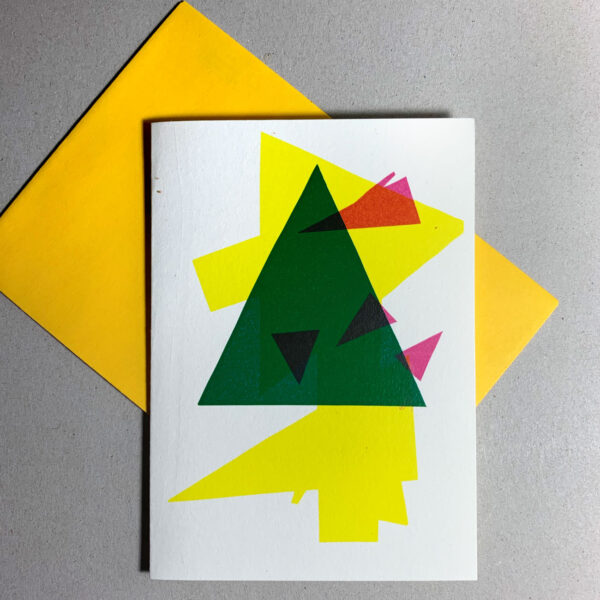 Klappkarte grafischer Baum, farbige Flächen, gelbes Kuvert