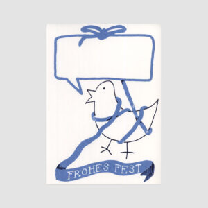 Postkarte, Senor Burns, Frohes Fest, Strichzeichnung Vogel, Blaues Band,