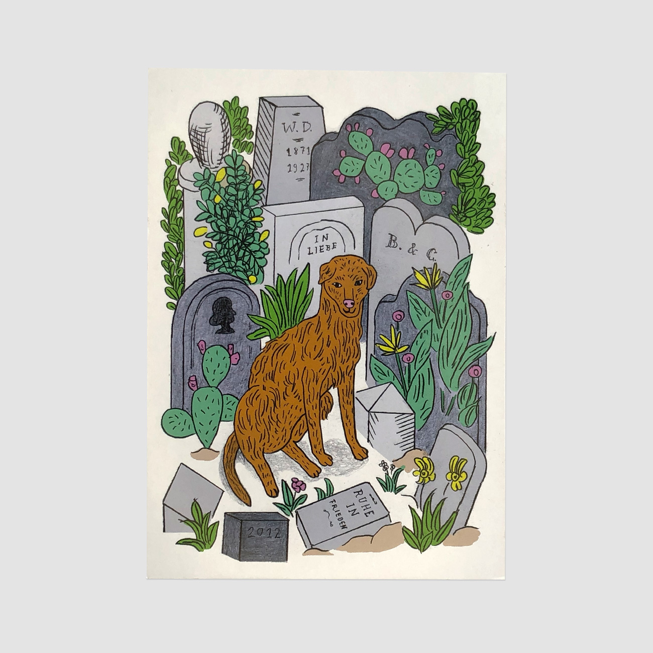 Postkarte, Hund auf Friedhof, illustriert, Sophia Martineck, DinA 6,