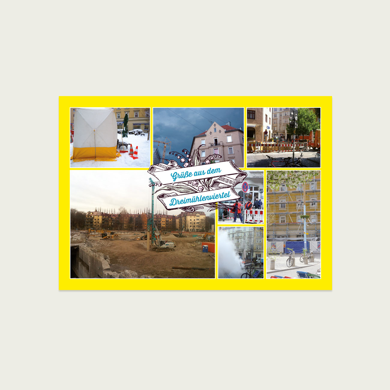 Dreimühlenviertel auf Postkarte, gelb mit Fotos