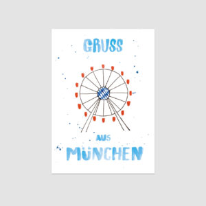 Gruß aus München, illustrierte Postkarte, Riesenrad und handgeschriebener Text in Blau,
