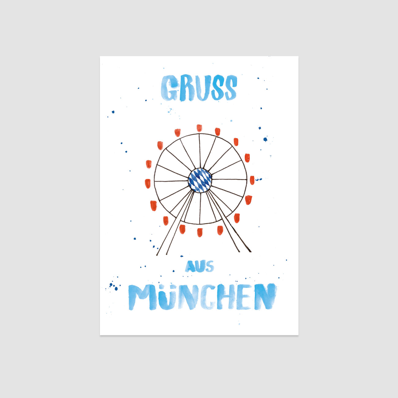 Gruß aus München, illustrierte Postkarte, Riesenrad und handgeschriebener Text in Blau,